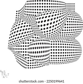 Resumen de forma futurista 3D punteada con efecto de distorsión visual. Fondo de arte óptico. Espacio 3D retorcido. Dibujo digital en blanco y negro. Concepto de investigación científica en biología.
