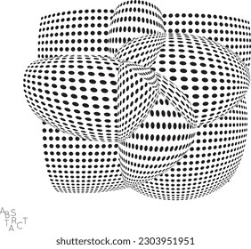 Abstract futuristic 3D dotted shape with visual distortion effect. Optical art background. Warped 3D space. Black and white digital drawing. Science biology research concept.