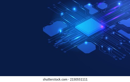 Abstract Futuristic 3D Microchip CPU Data Blue Cloud Storage with Circuit Board Electronic Line Transfer System Vector Background.