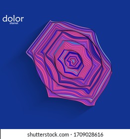 Abstract futuristic 3D object with realistic shadow on flat background. Computer digital model technology data science icon. Geometric shape with multicolored stripes.