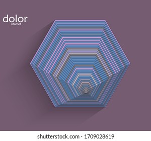 Abstract futuristic 3D object with realistic shadow on flat background. Computer digital model technology data science icon. Geometric shape with multicolored stripes.
