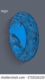 Abstract futuristic 3D object with realistic shadow on flat background. Computer digital model technology data science icon. Geometric shape with multicolored stripes.