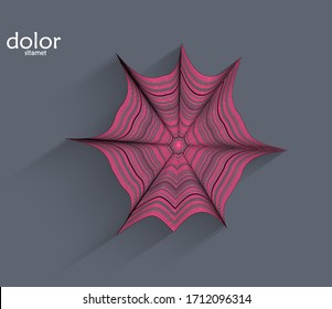 Abstract futuristic 3D object with realistic shadow on flat background. Computer digital model technology data science icon. Geometric shape with multicolored stripes.