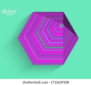 Abstract futuristic 3D object with realistic shadow on flat background. Computer digital model technology data science icon. Geometric shape with multicolored stripes.