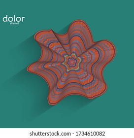 Abstract futuristic 3D object with realistic shadow on flat background. Computer digital model technology data science icon. Geometric shape with multicolored stripes.