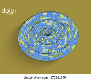 Abstract futuristic 3D object with realistic shadow on flat background. Computer digital model technology data science icon. Geometric shape with multicolored stripes.