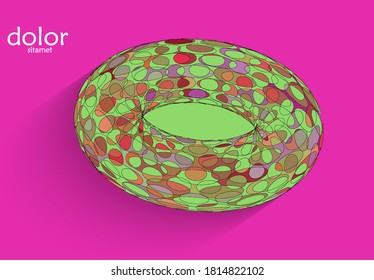 Abstract futuristic 3D object with realistic shadow on flat background. Computer digital model technology data science icon. Geometric shape with multicolored stripes.