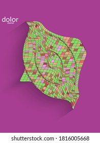 Abstract futuristic 3D object with realistic shadow on flat background. Computer digital model technology data science icon. Geometric shape with multicolored stripes.