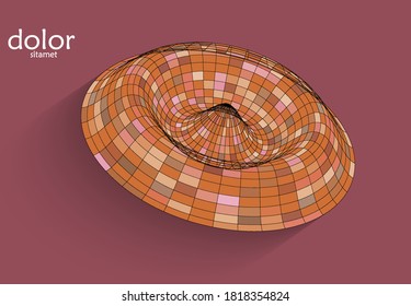 Abstract futuristic 3D object with realistic shadow on flat background. Computer digital model technology data science icon. Geometric shape with multicolored stripes.