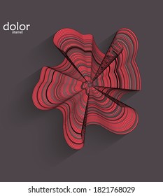 Abstract futuristic 3D object with realistic shadow on flat background. Computer digital model technology data science icon. Geometric shape with multicolored stripes.