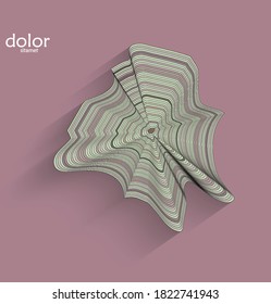 Abstraktes futuristisches 3D-Objekt mit realistischem Schatten auf flachem Hintergrund. Das Symbol für Computertechnologie-Datenwissenschaft. Geometrische Form mit mehrfarbigen Streifen.