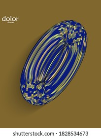 Abstract futuristic 3D object with realistic shadow on flat background. Computer digital model technology data science icon. Geometric shape with multicolored stripes.