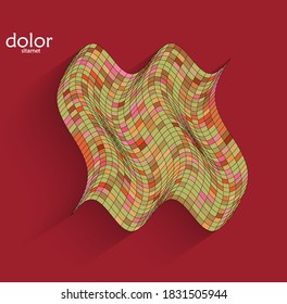 Abstract futuristic 3D object with realistic shadow on flat background. Computer digital model technology data science icon. Geometric shape with multicolored stripes.