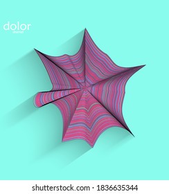 Abstract futuristic 3D object with realistic shadow on flat background. Computer digital model technology data science icon. Geometric shape with multicolored stripes.