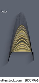 Resumen de un objeto 3D futurista con sombra realista sobre fondo plano. Icono de informática de ciencia de datos de tecnología de modelos digitales. Forma geométrica con rayas multicolores.