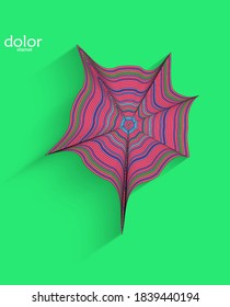 Abstract futuristic 3D object with realistic shadow on flat background. Computer digital model technology data science icon. Geometric shape with multicolored stripes.