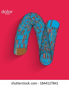 Abstract futuristic 3D object with realistic shadow on flat background. Computer digital model technology data science icon. Geometric shape with multicolored stripes.