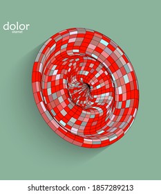 Abstract futuristic 3D object with realistic shadow on flat background. Computer digital model technology data science icon. Geometric shape with multicolored stripes.
