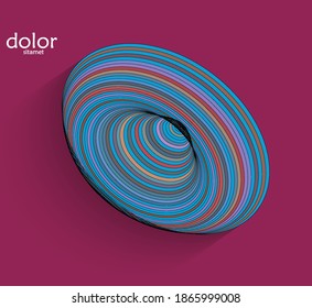 Abstraktes futuristisches 3D-Objekt mit realistischem Schatten auf flachem Hintergrund. Das Symbol für Computertechnologie-Datenwissenschaft. Geometrische Form mit mehrfarbigen Streifen.