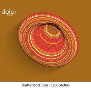 Abstract futuristic 3D object with realistic shadow on flat background. Computer digital model technology data science icon. Geometric shape with multicolored stripes.