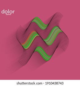 Abstract futuristic 3D object with realistic shadow on flat background. Computer digital model technology data science icon. Geometric shape with multicolored stripes.