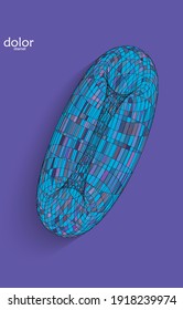 Abstract futuristic 3D object with realistic shadow on flat background. Computer digital model technology data science icon. Geometric shape with multicolored stripes.