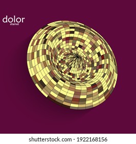 Abstract futuristic 3D object with realistic shadow on flat background. Computer digital model technology data science icon. Geometric shape with multicolored stripes.