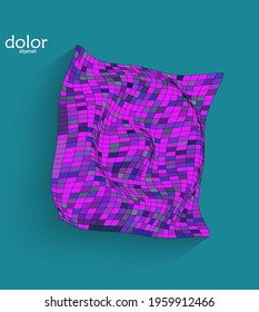 Abstract futuristic 3D object with realistic shadow on flat background. Computer digital model technology data science icon. Geometric shape with multicolored stripes.