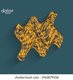 Abstract futuristic 3D object with realistic shadow on flat background. Computer digital model technology data science icon. Geometric shape with multicolored stripes.