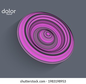 Abstract futuristic 3D object with realistic shadow on flat background. Computer digital model technology data science icon. Geometric shape with multicolored stripes.