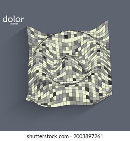 Abstract futuristic 3D object with realistic shadow on flat background. Computer digital model technology data science icon. Geometric shape with multicolored stripes.