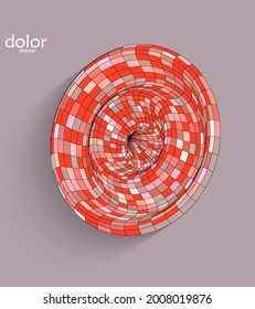 Abstract futuristic 3D object with realistic shadow on flat background. Computer digital model technology data science icon. Geometric shape with multicolored stripes.