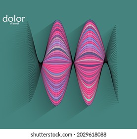 Abstract futuristic 3D object with realistic shadow on flat background. Computer digital model technology data science icon. Geometric shape with multicolored stripes.