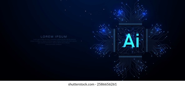 Abstract futuristic 3D render of an AI processor chip with a glowing blue circuit board and digital network connections on a dark background