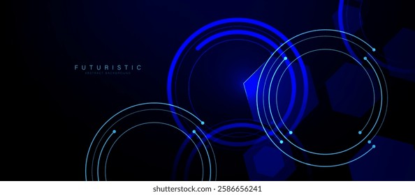 Abstract futuristic 3D render featuring glowing blue circular tech elements and geometric shapes on a dark background