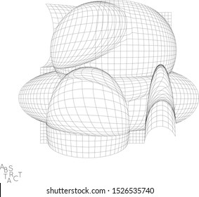 Abstract futuristic 3D shape. Optical art background. Warped 3D wireframe. Black and white architectural mesh digital drawing. Futuristic vector illustration isolated.