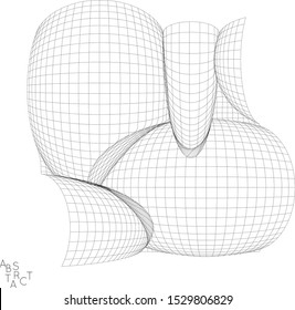 Abstract futuristic 3D shape. Optical art background. Warped 3D wireframe. Black and white architectural mesh digital drawing. Futuristic vector illustration isolated.