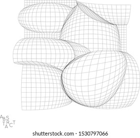 Abstract futuristic 3D shape. Optical art background. Warped 3D wireframe. Black and white architectural mesh digital drawing. Futuristic vector illustration isolated.