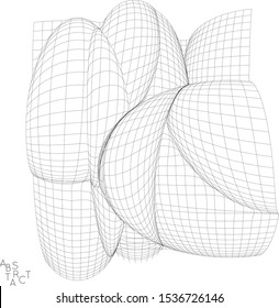 Abstract futuristic 3D shape. Optical art background. Warped 3D wireframe. Black and white architectural mesh digital drawing. Futuristic vector illustration isolated.