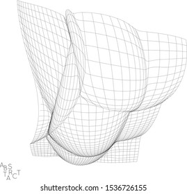 Abstract futuristic 3D shape. Optical art background. Warped 3D wireframe. Black and white architectural mesh digital drawing. Futuristic vector illustration isolated.
