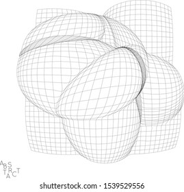 Abstract futuristic 3D shape. Optical art background. Warped 3D wireframe. Black and white architectural mesh digital drawing. Futuristic vector illustration isolated.