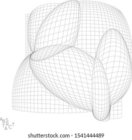 Abstract futuristic 3D shape. Optical art background. Warped 3D wireframe. Black and white architectural mesh digital drawing. Futuristic vector illustration isolated.