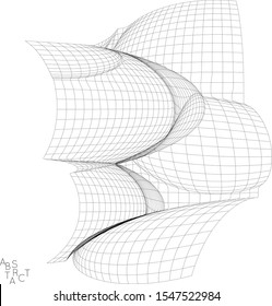 Abstract futuristic 3D shape. Optical art background. Warped 3D wireframe. Black and white architectural mesh digital drawing. Futuristic vector illustration isolated.