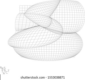 Abstract futuristic 3D shape. Optical art background. Warped 3D wireframe. Black and white architectural mesh digital drawing. Futuristic vector illustration isolated.