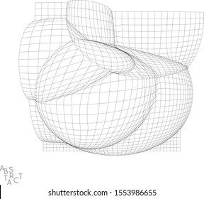 Abstract futuristic 3D shape. Optical art background. Warped 3D wireframe. Black and white architectural mesh digital drawing. Futuristic vector illustration isolated.