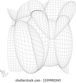 Abstract futuristic 3D shape. Optical art background. Warped 3D wireframe. Black and white architectural mesh digital drawing. Futuristic vector illustration isolated.