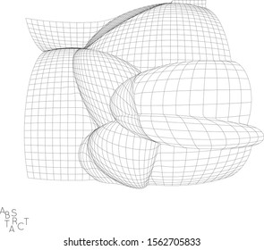Abstract futuristic 3D shape. Optical art background. Warped 3D wireframe. Black and white architectural mesh digital drawing. Futuristic vector illustration isolated.