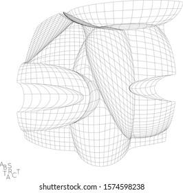 Abstract futuristic 3D shape. Optical art background. Warped 3D wireframe. Black and white architectural mesh digital drawing. Futuristic vector illustration isolated.