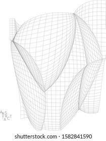 Abstract futuristic 3D shape. Optical art background. Warped 3D wireframe. Black and white architectural mesh digital drawing. Futuristic vector illustration isolated.