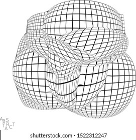 Abstract futuristic 3D shape with visual distortion effect. Optical art background. Warped 3D wireframe. Black and white architectural mesh digital drawing. Futuristic vector illustration isolated.